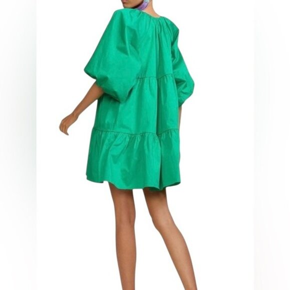 Cynthia Rowley Kasbah Cotton Poplin Balloon Sleeve Tie Neck Tiered Mini Tent Dre - Picture 2 of 6